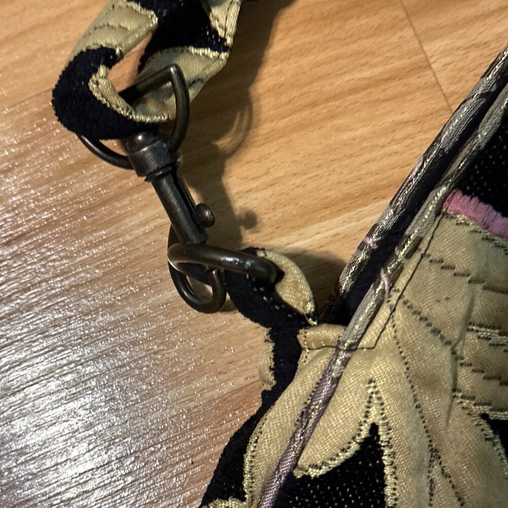 ZARA Crossbody Handbag Boho Wooden Handles Embroidered Fabric Black Tan Purses - Picture 8 of 14